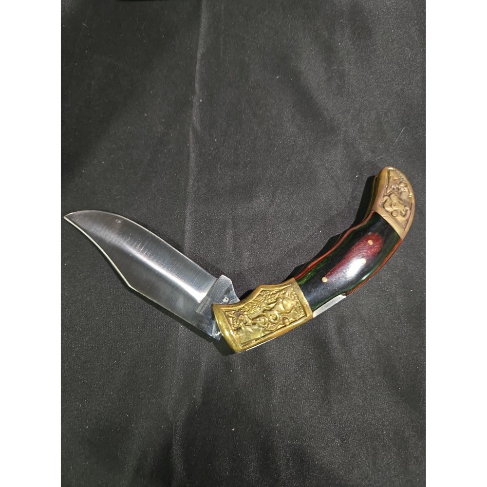 Vintage Folding Pocket Knife 4.5 inch Brass Embossed Long Horn Sheep Pakistan